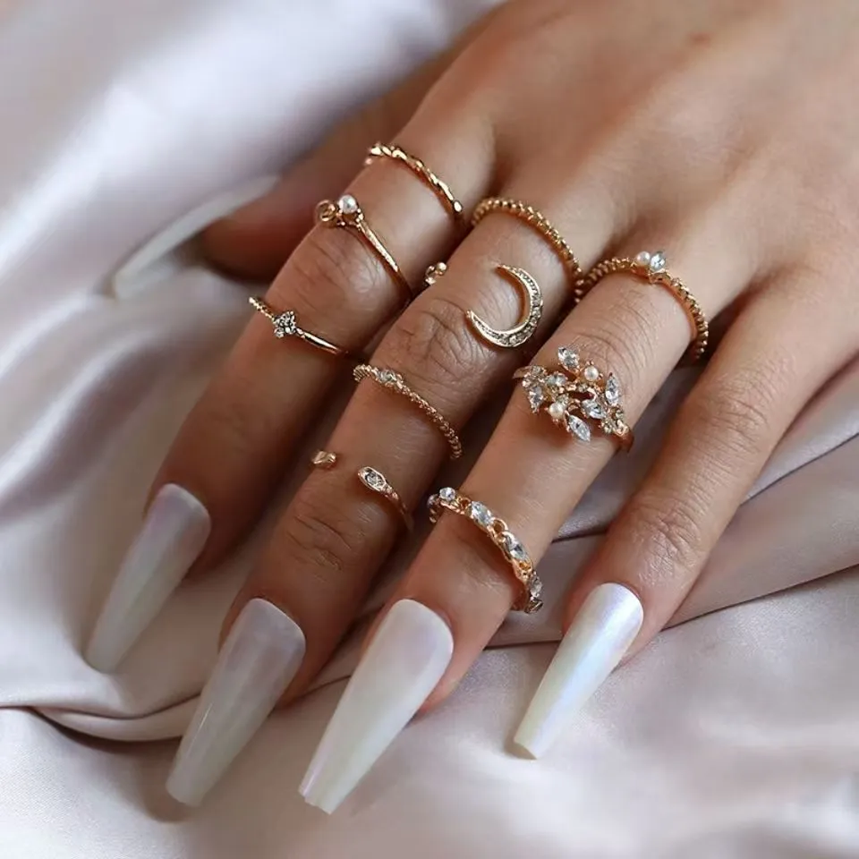 10 Pcs Ring Set, Moon Star Leaf Heart Rhinestone Knuckle Rings Combo