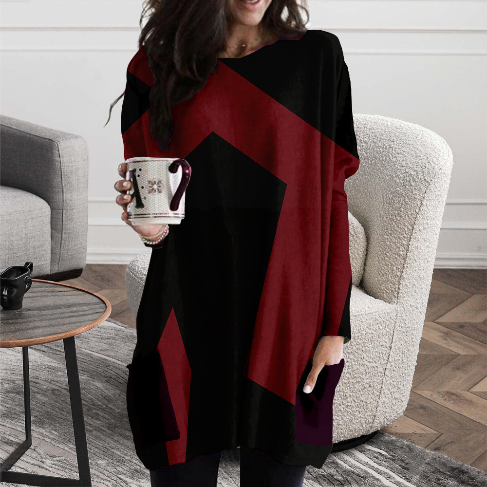 Abstract Face Round Neck Casual Middle Loose Dress