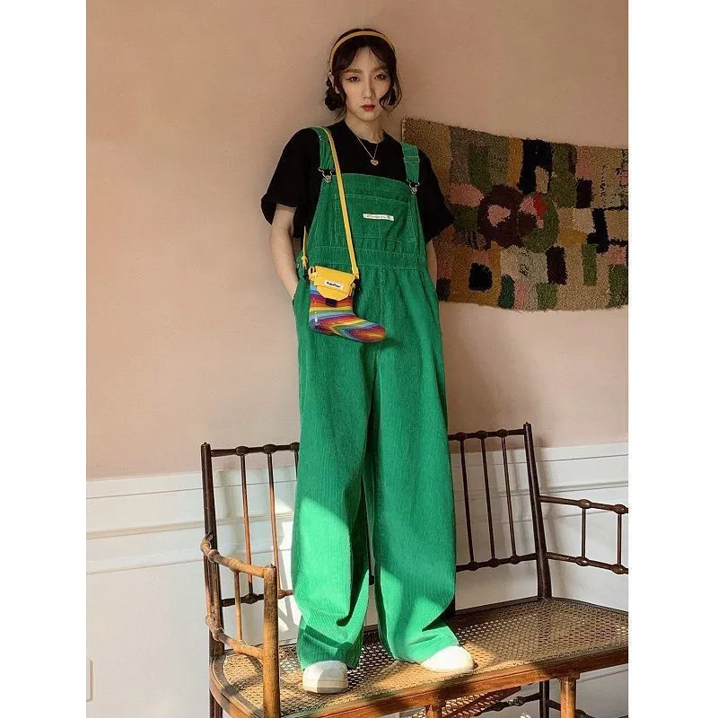 Ins Retro Corduroy Overalls Women's Loose One-piece Wide-leg Pants - Green