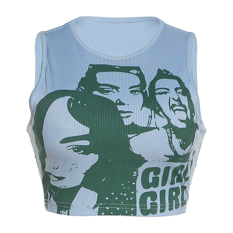 Summer Hipster Portrait Printing Tank Top Women Casual Vest Blue - Shop at LoveMi