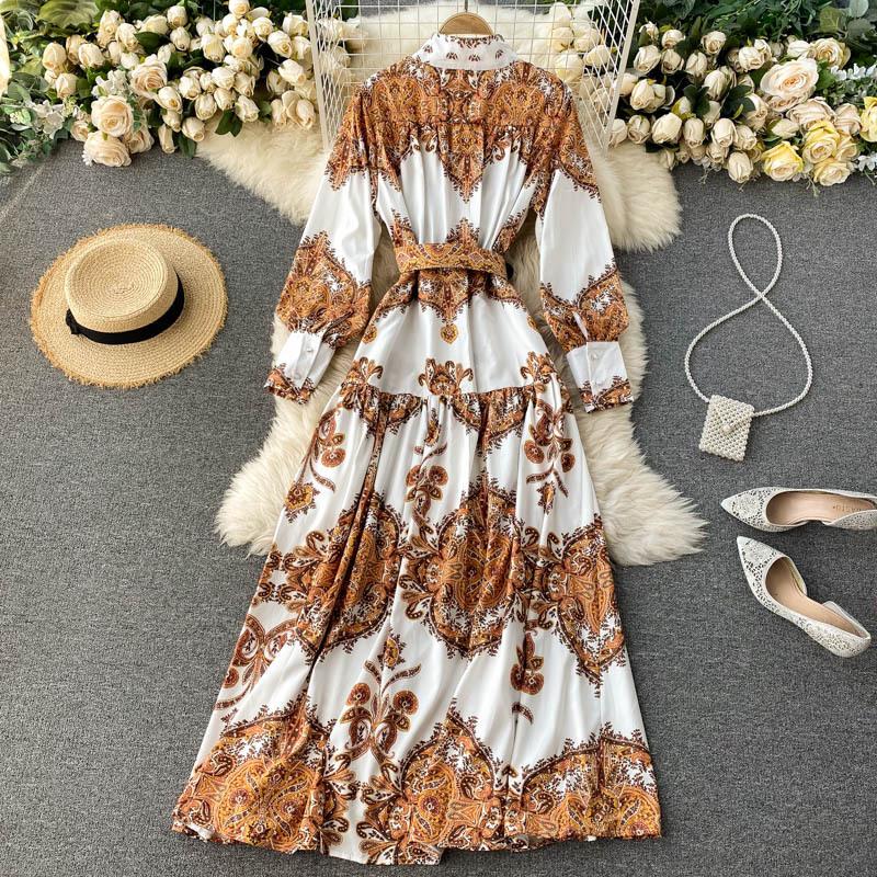 Vintage Blue And White Porcelain Print Quality Standing Collar Slim Long Dress