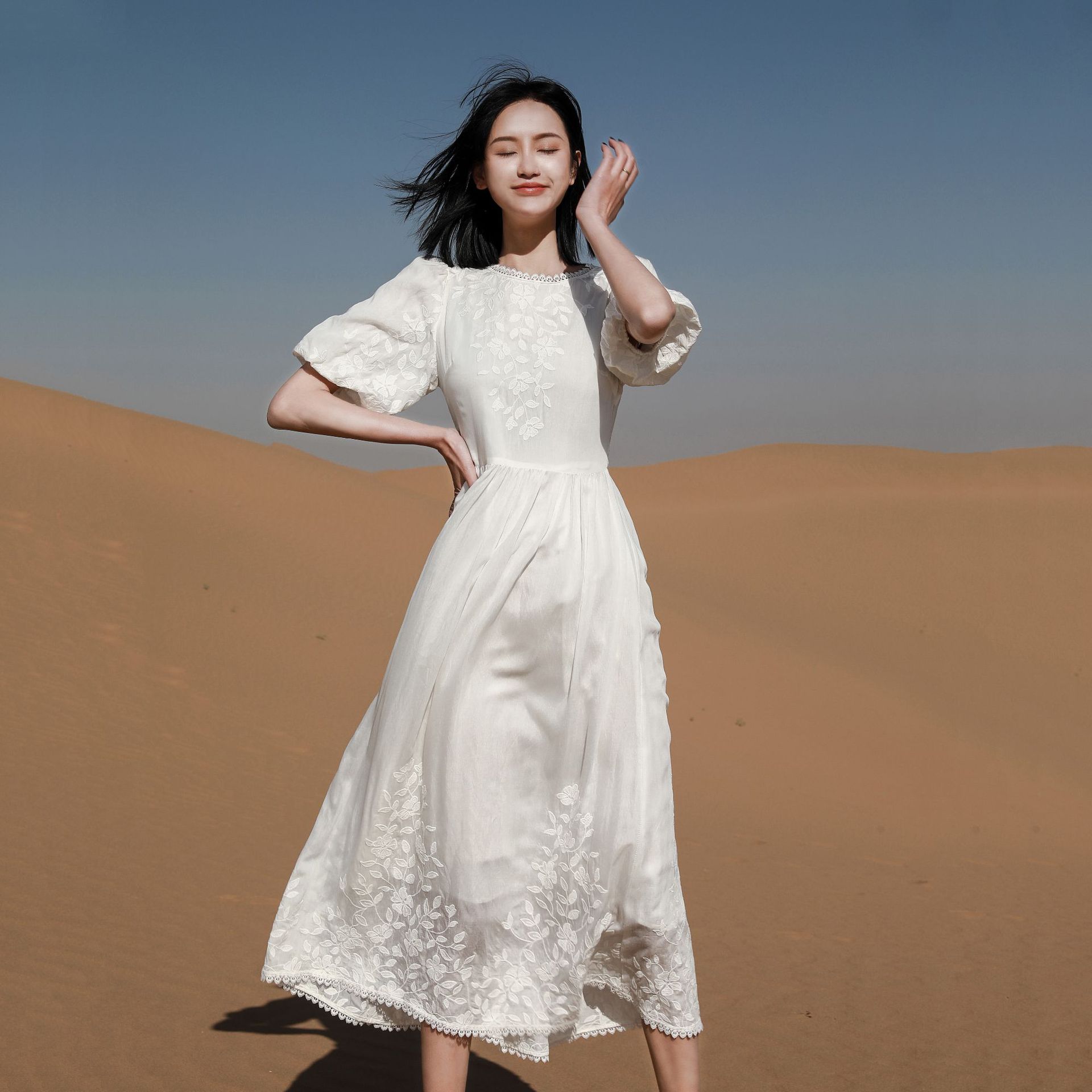 Puff-Sleeve Silk Dress, picture 2 of 5