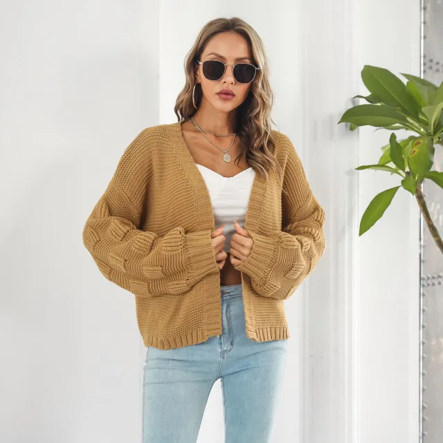Puff Sleeve Cardigan Sweater Women Clothes Front Chunky Knitwear Coat Yellow - Shop at LoveMi