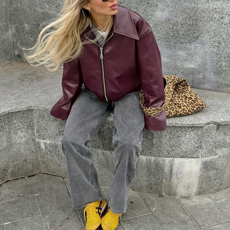 Vintage Style Women's Solid Color Faux Leather Jacket, Zip-Up Biker Jacket With Lapel Collar Casual Coat