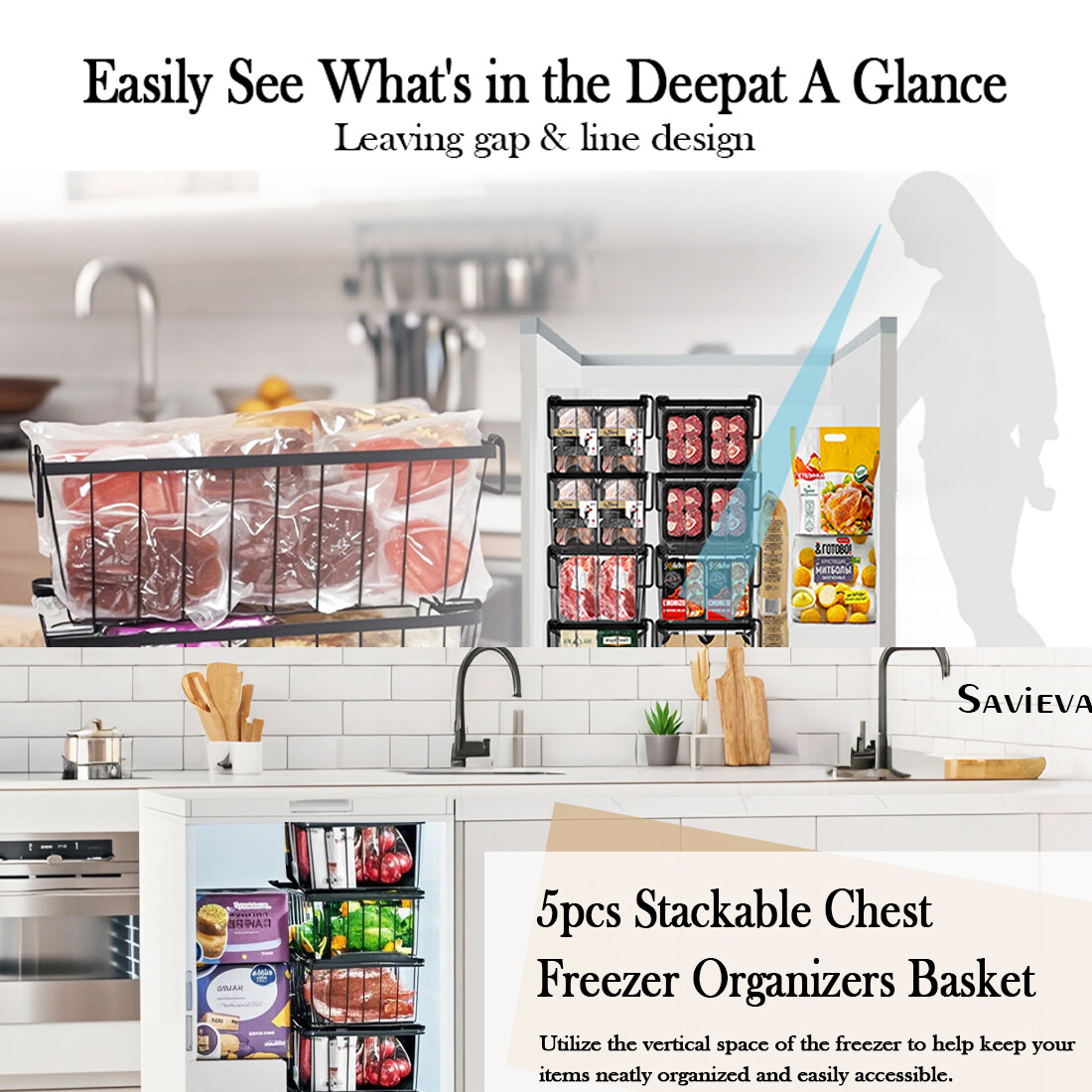 Chest Freezer Baskets - 5 Pack Stackable Organiser Ches Black — image 9