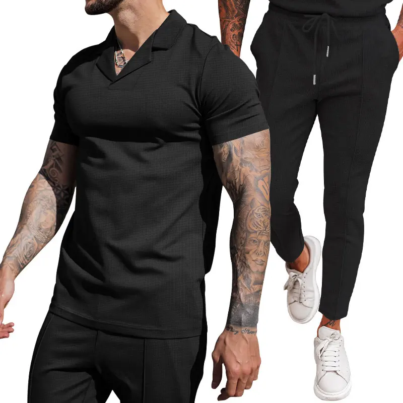V Neck Casual Lapel Shirt Men's Short Sleeve Pants