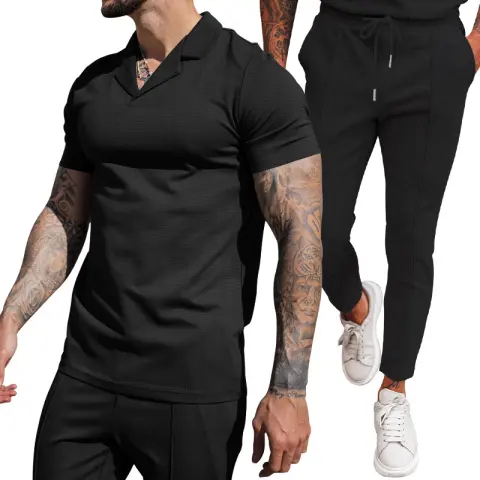 V Neck Casual Lapel Shirt Men's Short Sleeve Pants
