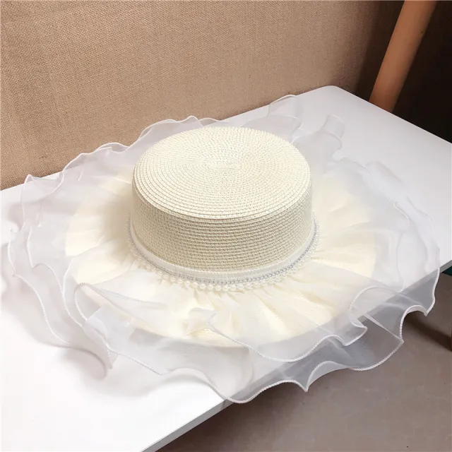Pearl Lace Mesh Shade Straw Hat Cream White - Shop at LoveMi