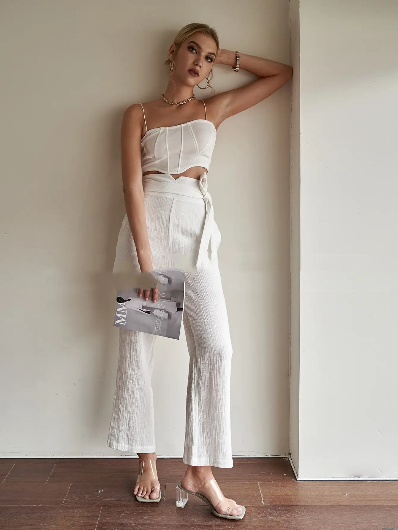 Temperament Commuter White Beltless Flared High Waist Flared PU Waist Cropped Pants
