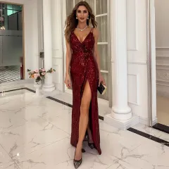 Women V Neck Sequin Spaghetti Strap Maxi Dress Party Dress - Red - View 1