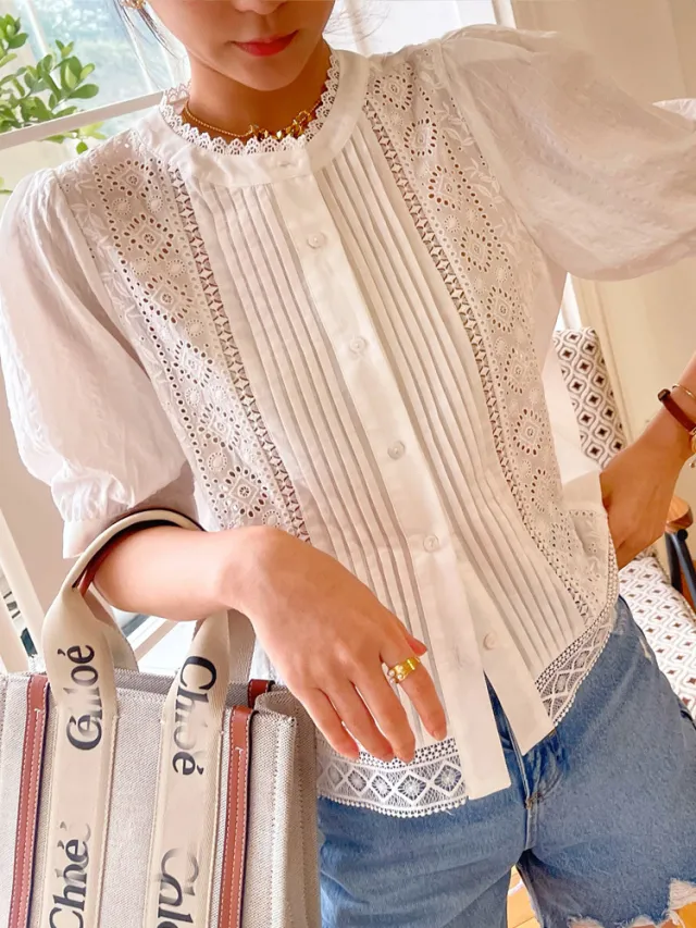 European And American New Women's French White Embroidered Shirts Beige White - Shop at LoveMi