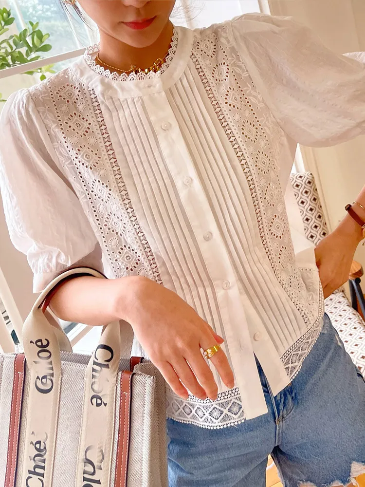European And American New Women's French White Embroidered Shirts - Beige White