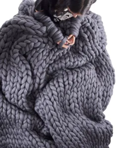 Hand Knitted Wool Blanket - Dark Grey - View 1