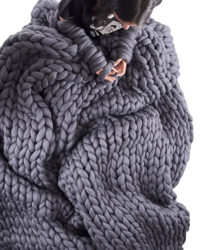 Hand Knitted Wool Blanket Dark Grey - Shop at LoveMi