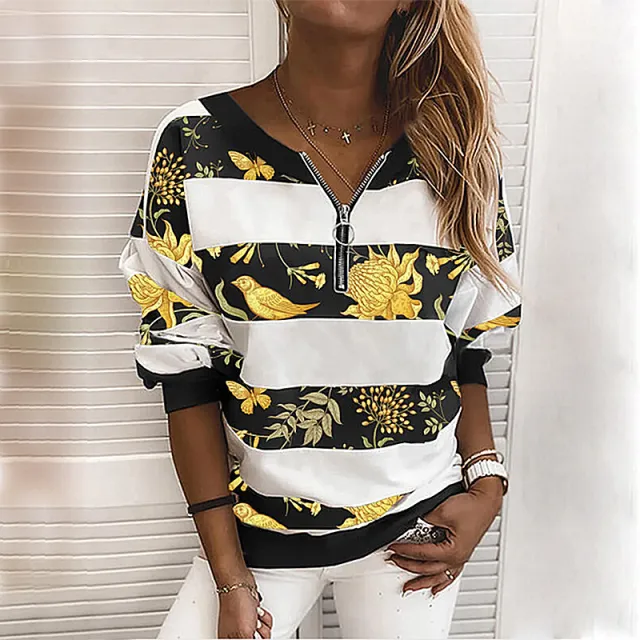 Striped Printed Long sleeved Zipper Loose Casual Sweater Black - Shop at LoveMi
