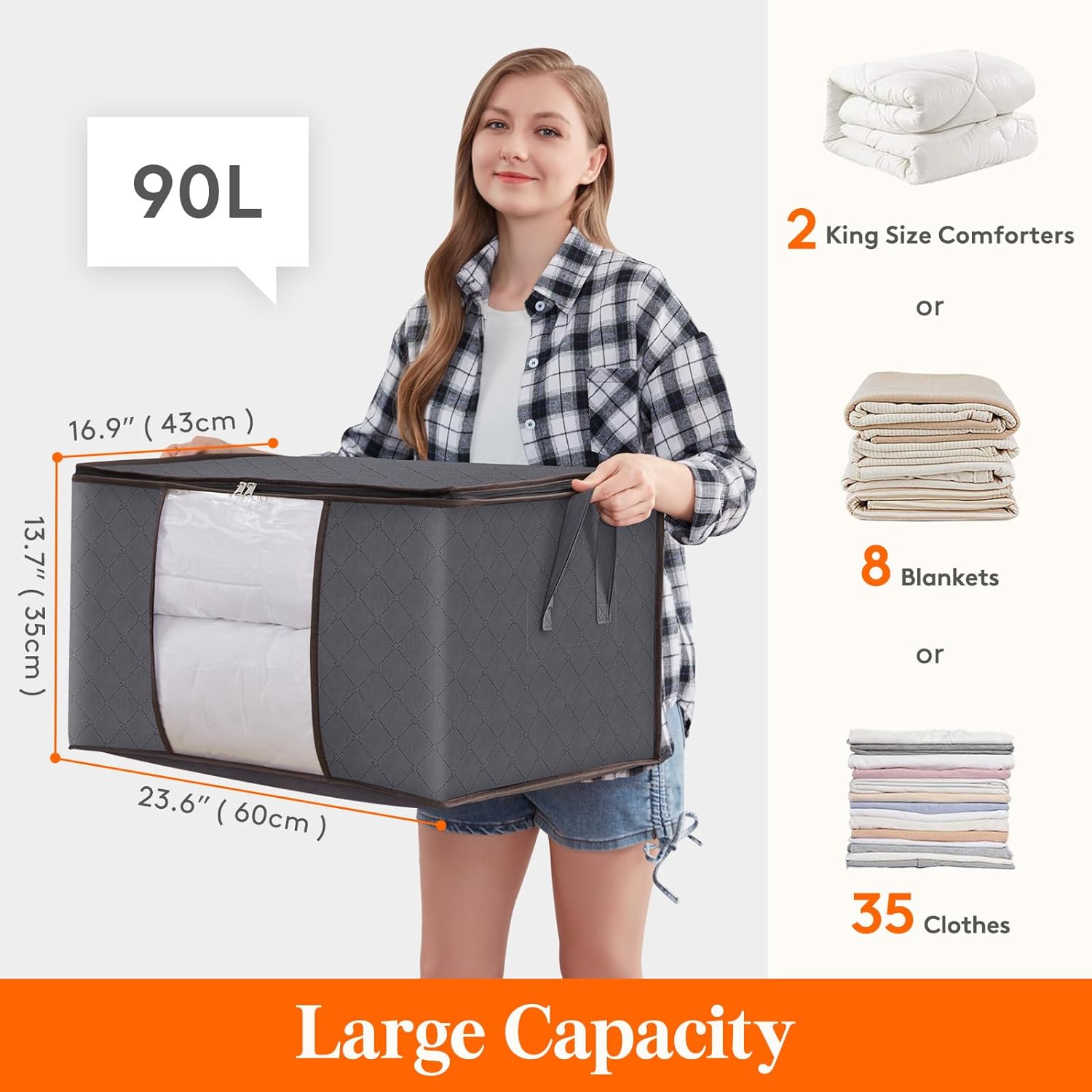 Clothing Storage Bag Set, 90L, Gray. Large Capacity Clothes Storage Bag Organizer with Reinforced Handle Thick Fabric for Comforters, Blankets, Bedding, Foldable with Sturdy Zipper, Clear Window, 3 Pack, 90L, Grey non-woven fabric + PVC. Reinforced Handle