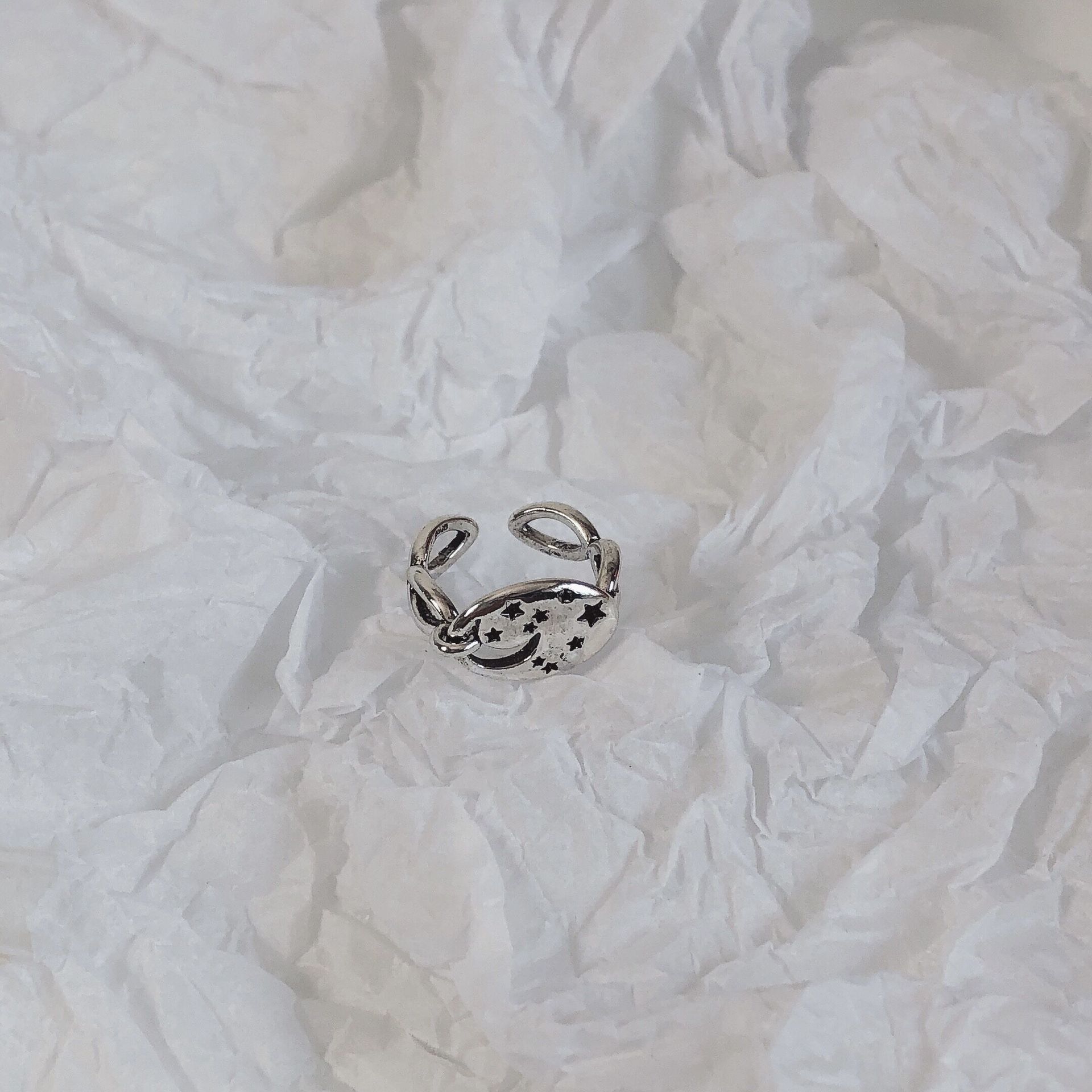 Irregular Star And Moon Texture Seal Silver Cold Wind Design Ring