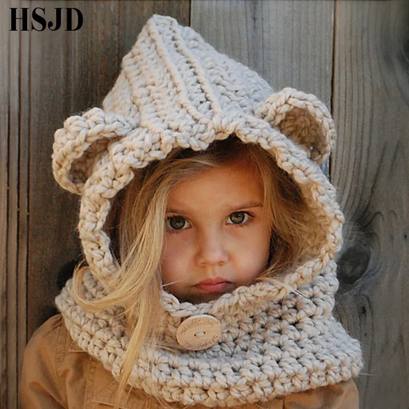 Girls Hats Handmade Kids Winter Wrap Bear Scarf Caps