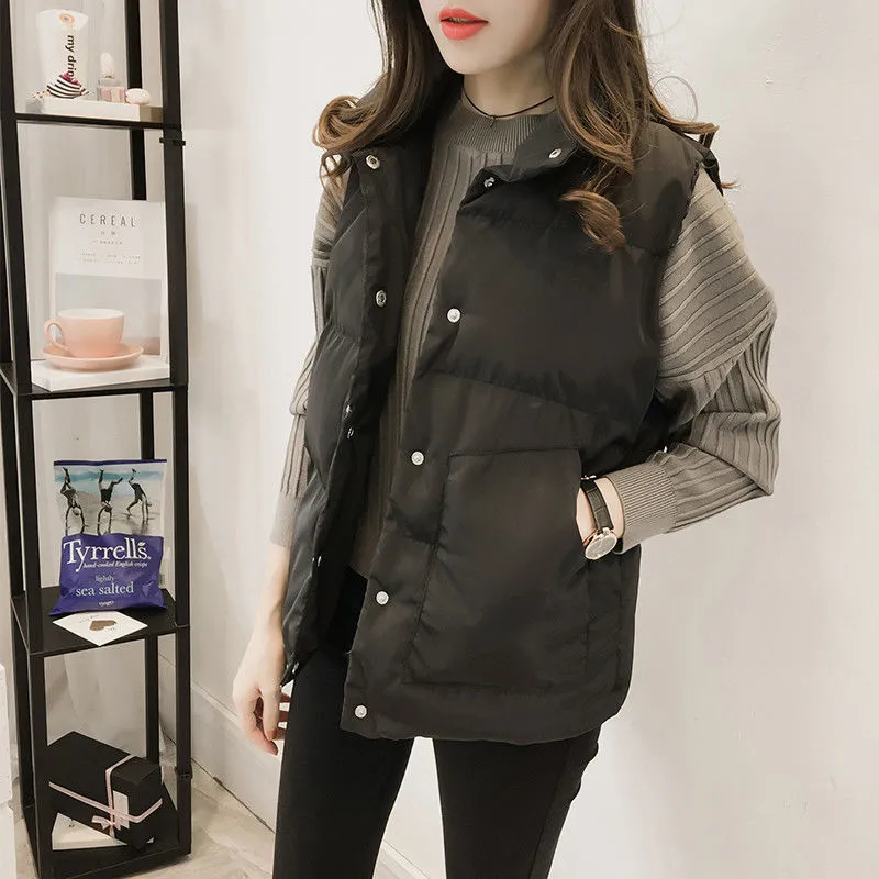 Women's Loose Short Down Cotton Vest Jacket - Black Highquality Cotton