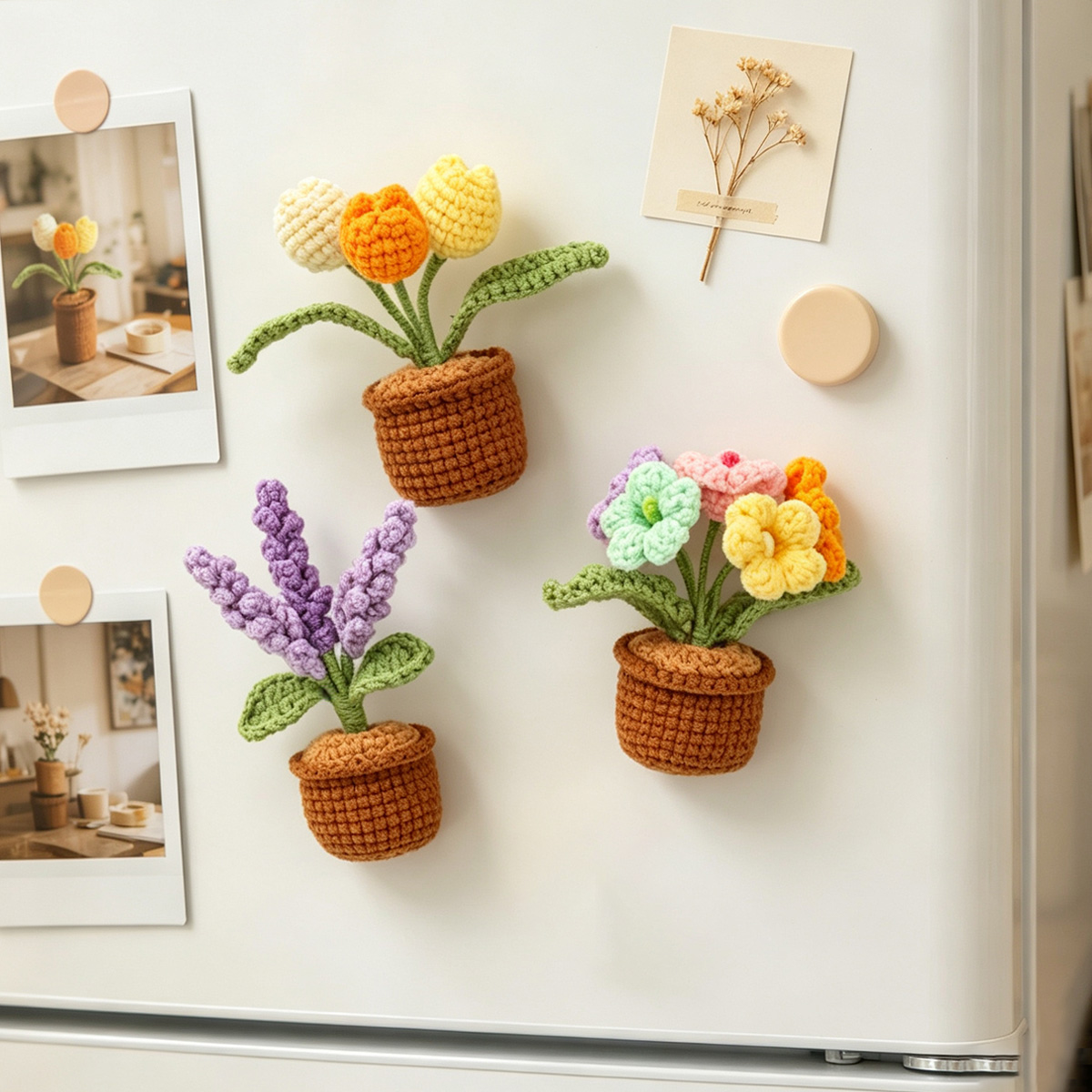 Handmade Crochet Potted Flower Fridge Magnet Set With Colorful Lavender And Tulip Blossoms Soft Yarn Everlasting Crochet Blooms Indoor Home Magnetic Decoration