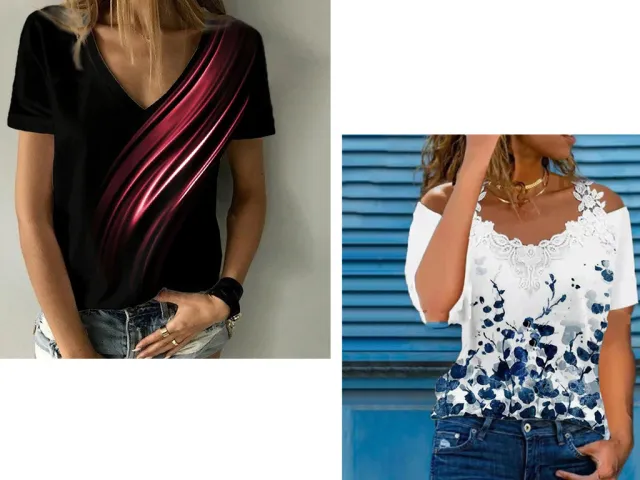 Women's Abstract Painting T shirt V neck Set - Shop at LoveMi