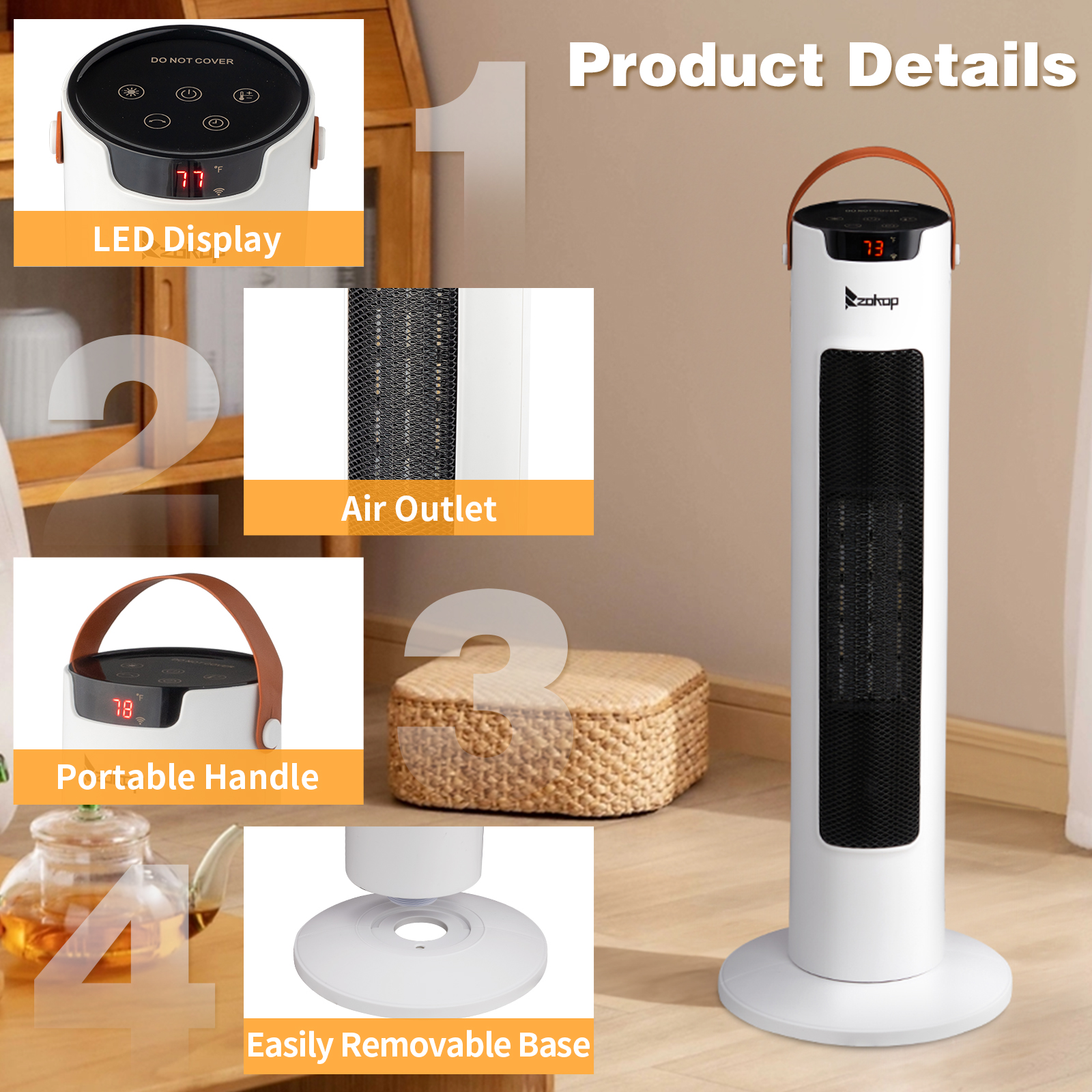 24Inch Tower Space Heater, 1500W Smart Electric Heater With Thermostat, WiFi APP & Remote Control, 60 Degrees Oscillation, 9H Timer, For Indoor Bedroom Office Home, White