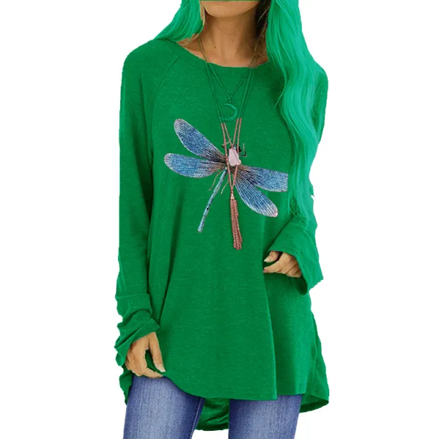 Loose Round Neck Long Sleeve T shirt For Women Green - Shop at LoveMi