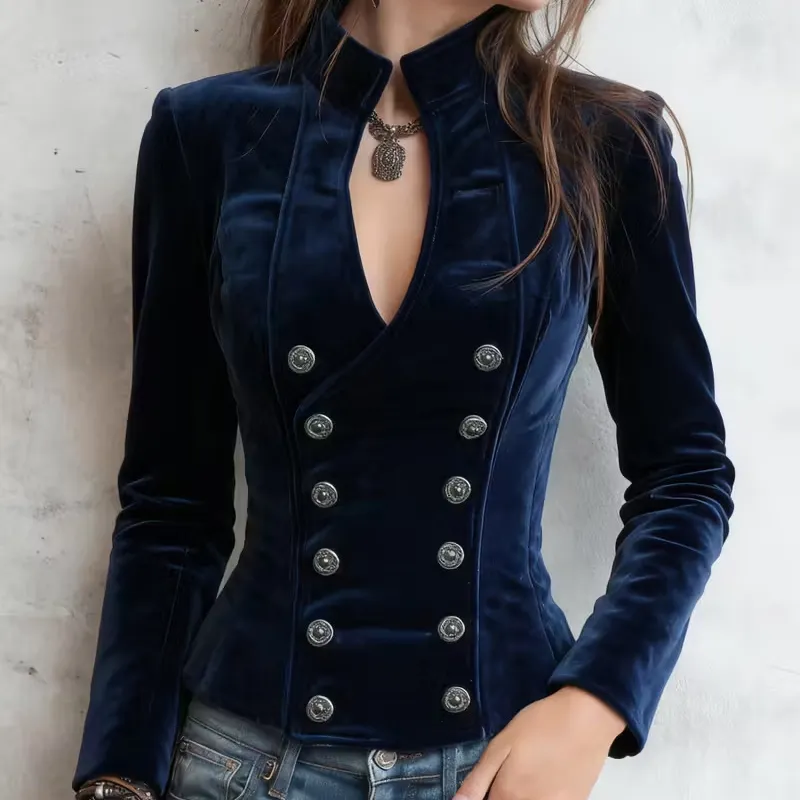Women's Solid Color Velvet Blazer, Double-Breasted V-Collar Long Sleeve Jacket With Waist Definition - Blue