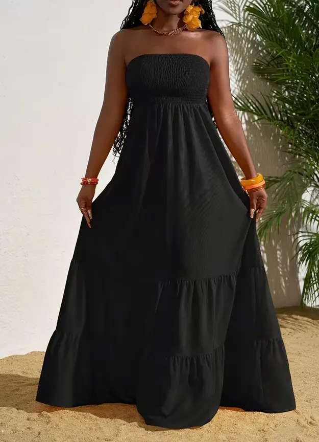 Vibrant Strapless Pleated Multi layered Full Skirt Dress, Women's Sleeveless Long Resort Style Dress Black - Shop at LoveMi
