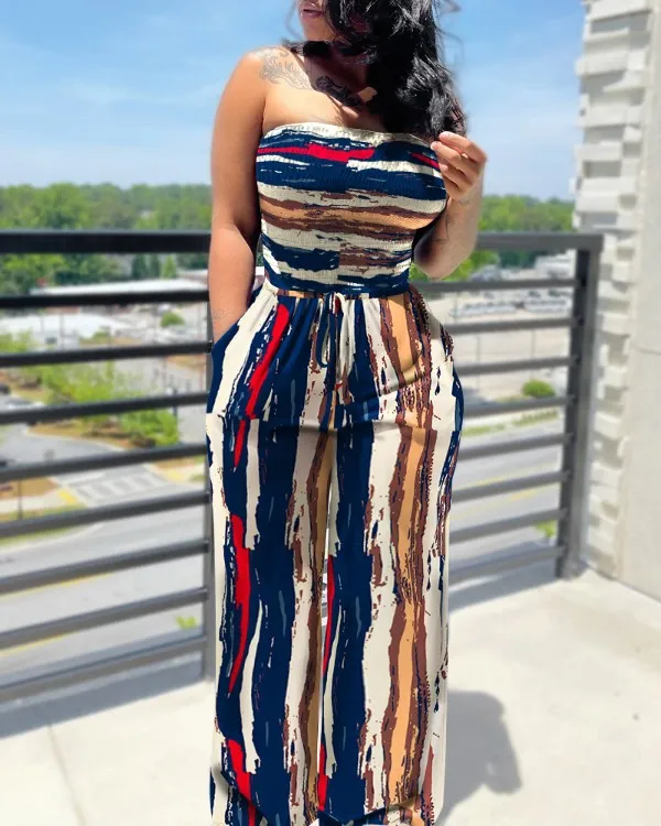 Sleeveless Tube Top Printed Ladies Jumpsuit Ladies Navy Blue Stripes - Shop at LoveMi