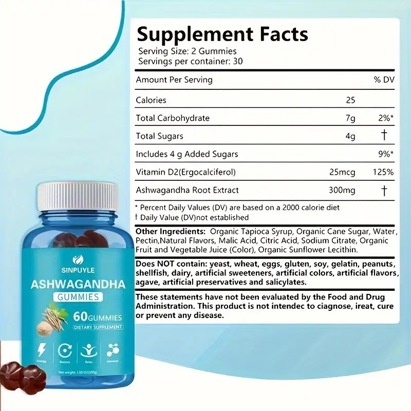 Ashwagandha Gummies 60 Count - Stress Relief, Energy Boost & Relax Support - Natural Adaptogen Supplement
