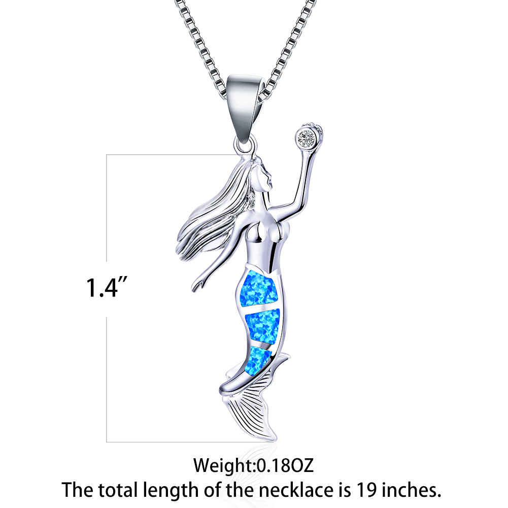 New European And American Platinum Opal Mermaid Pendant Necklace
