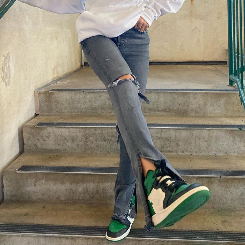 Women's High-rise Ripped Slit Floor Jeans