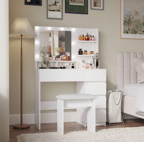 Vanity, Makeup Vanity Desk Set With Mirror & Light, Dressing Table Storage Lots With Power Strip, 3 Lighting Modes With Adjustable Brightness, 37 Inches White With Stool — foto 6