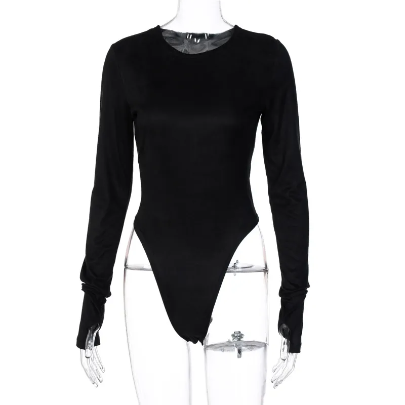 Pure Color Sexy Slim Bottoming Bodysuit - Black