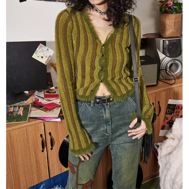 Retro V neck Knitwear For Women Cardigan Short Top Mustard Green - Shop at LoveMi