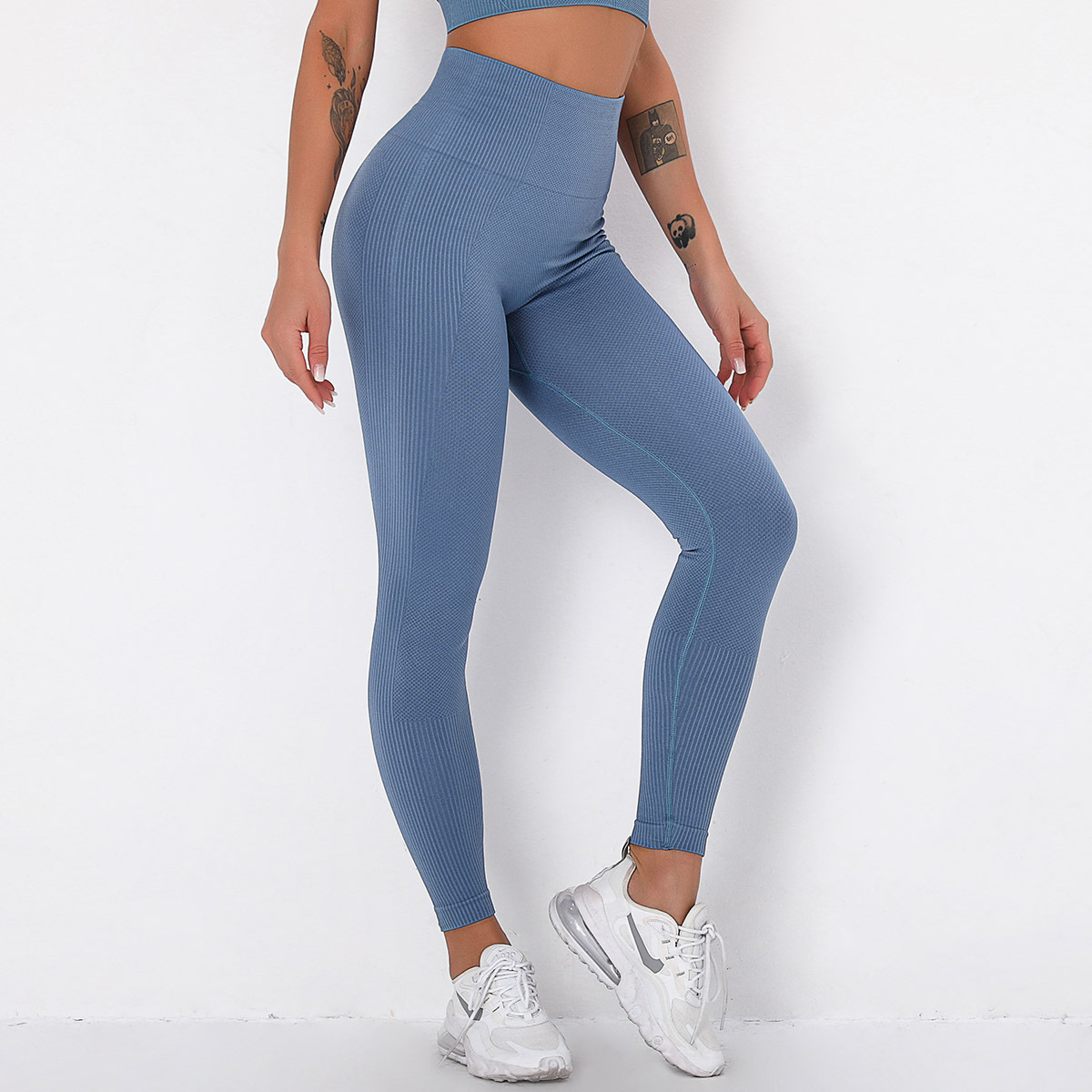 Seamless Solid Color Striped Hip Wicking Yoga Pants Blue - Shop at LoveMi