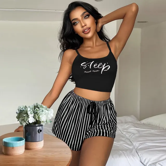 Fashion Stripe Print Corset Pajama Suit Black - Shop at LoveMi