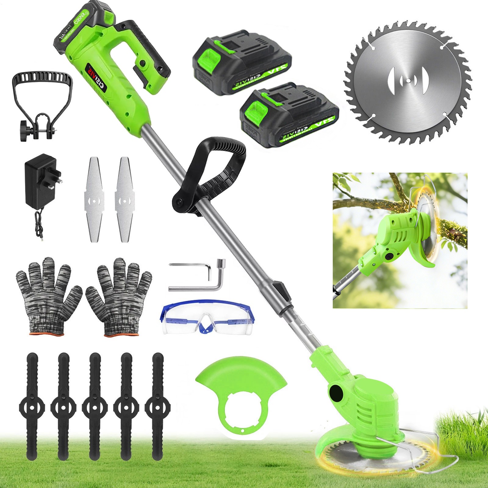 2Battery 21V Cordless Strimmer Grass Trimmer Electric Tree Garden Weed Cutter UK