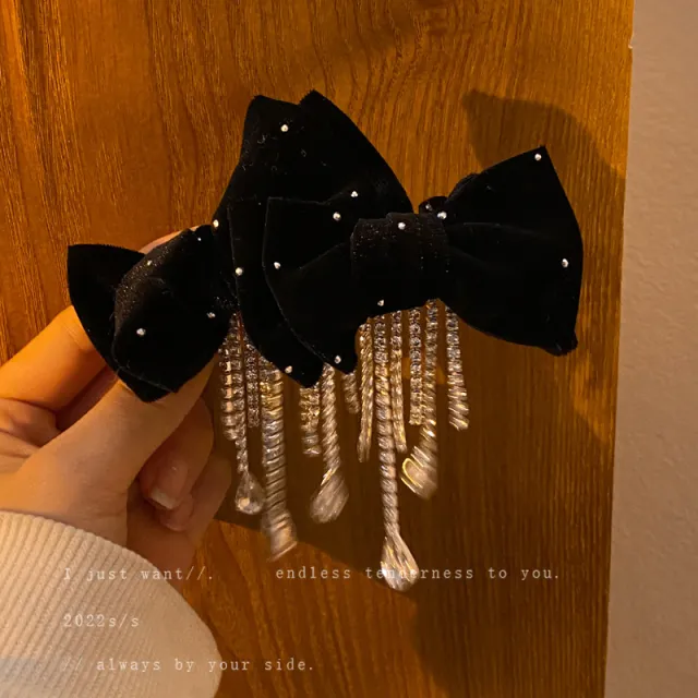 Red Bow Encrusted Tassel Hairpin Back Head Spring Top Clip Black Pair - Shop at LoveMi