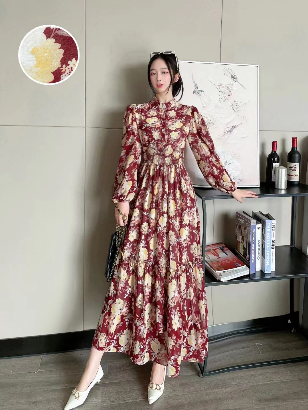 Women's Waist Up Slimming Floral Chiffon Dress