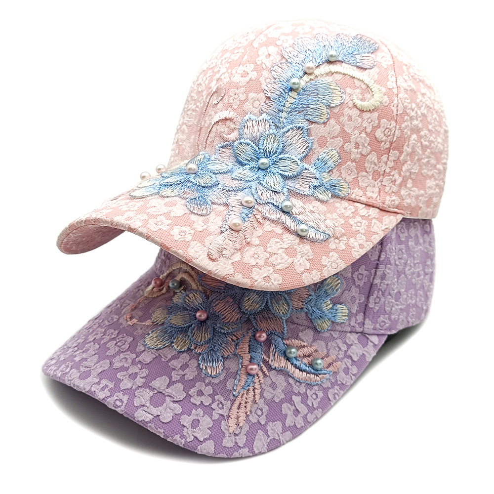 New Women's Breathable Lace Mesh Fabric With Exquisite Floral Embroidery In A Sweet Style, Featuring Beaded Baseball Cap For Outdoor Wear