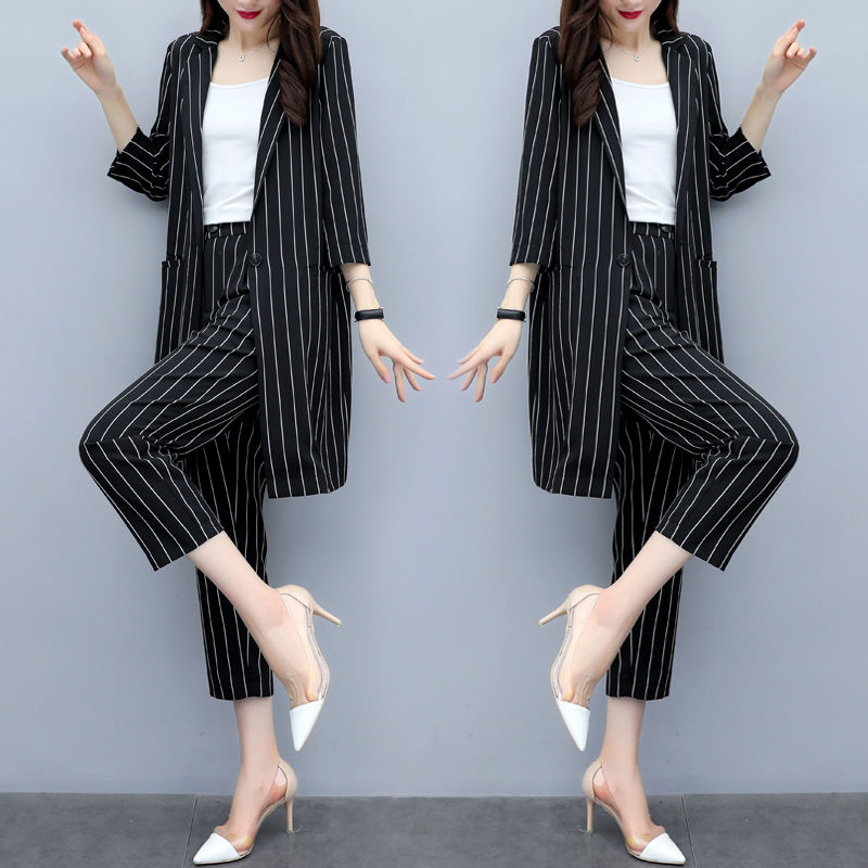 New Slim Large Size Striped Jacket And Pants Two-piece Suit