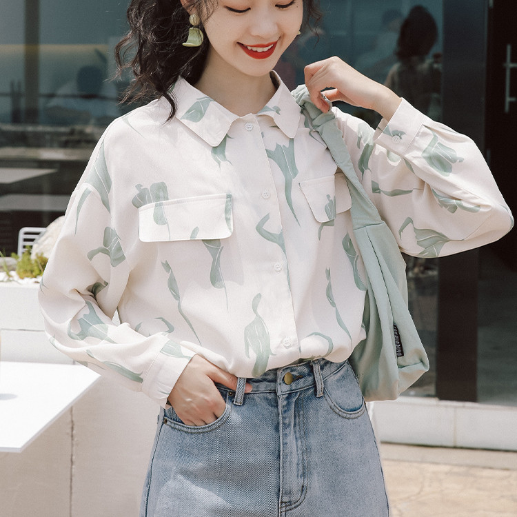 Women's Vintage Hong Kong Flora Chiffon Long Sleeve Shirt