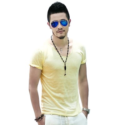 Summer Men's Solid Color V-Neck Slub Cotton Short Sleeve T-Shirt