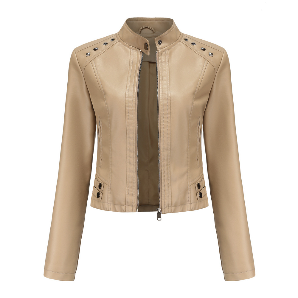 Studded Leather Women Short Jacket Long Sleeves Apricot - Shop at LoveMi