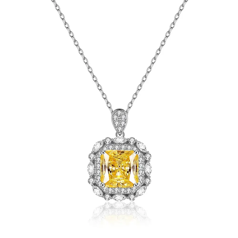 New S925 Through Sterling Silver Necklace High Carbon Diamond Radiant Cut Pendant Collarbone Chain Heavy Duty Ho Set Yellow Diamonds
