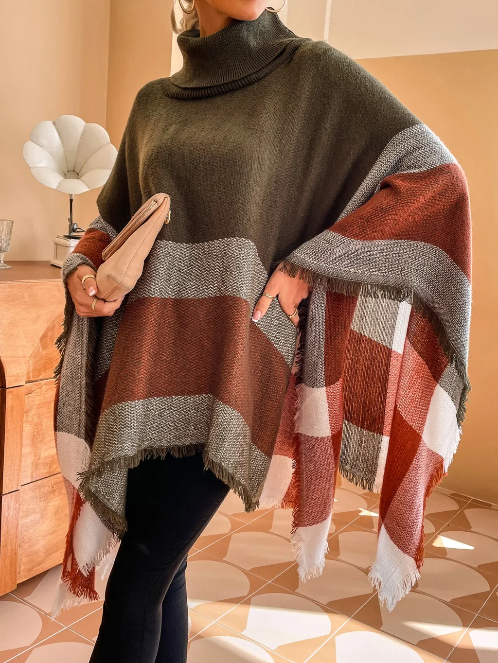 New Style High Collar Plaid Tassel Shawl Sweater Coat - Green