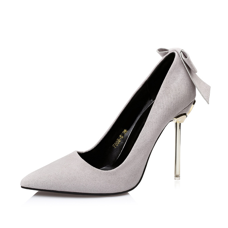 Korean Fashion Suede Pointed Bow Shallow Mouth Fine With Sexy High heeled Shoes Grey - Shop at LoveMi