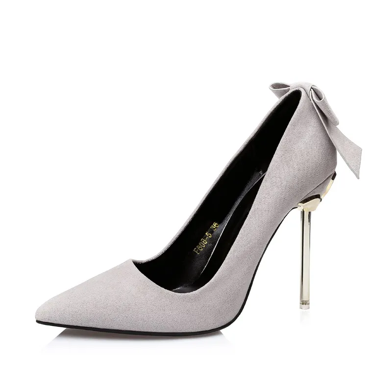 Korean Fashion Suede Pointed Bow Shallow Mouth Fine With Sexy High-heeled Shoes - Grey